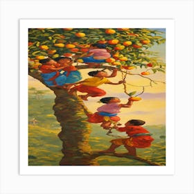 Children climbing a tree Art Print