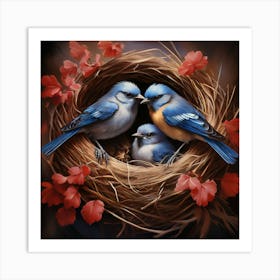 Bluebirds In Nest, A Pair Of Birds Building A Nest Representing Love Home And Family 1 Art Print