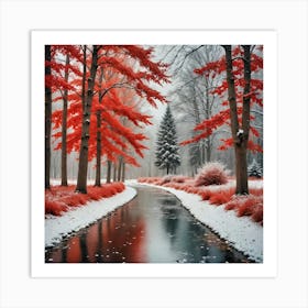 Red Leaves In The Snow Art Print