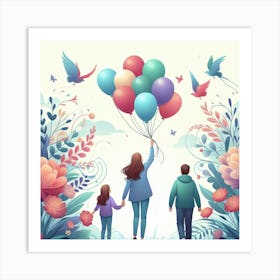 Happy Family With Balloons 1 Art Print