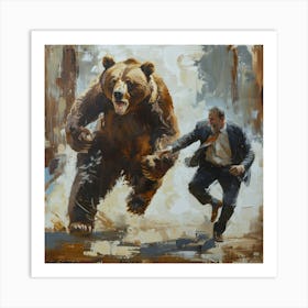 Bear Chases A Man in Suit Art Print