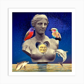 Aphrodite - birds - dolphins - sea - photo montage Art Print