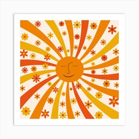 Smiling Orange Sunshine With Groovy Flowers Art Print