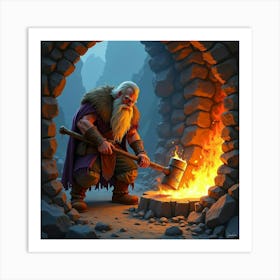 Dwarf Blacksmith Forging A Magical Hammer In A Fiery Mountain Forge 1 Art Print