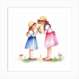 Two Girls With Flowers Art Print