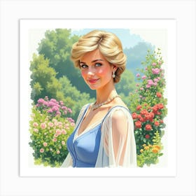 Elegant Princess Diana In A Watercolor Garden Setting 1 Art Print