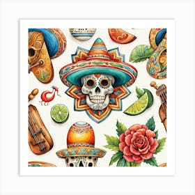 Mexican Day Of The Dead Seamless Pattern Art Print