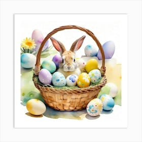 Photo of Easter bunny peek from a basket, with bright painted eggs nearby, and loose watercolor stains on background Affiche