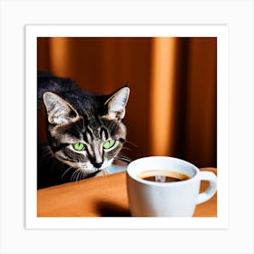 Cat Drinking Coffee Art Print