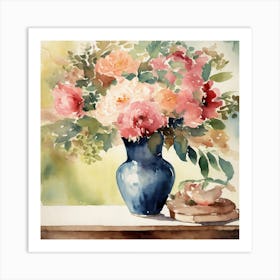 Watercolor Flowers In A Blue Vase Art Print