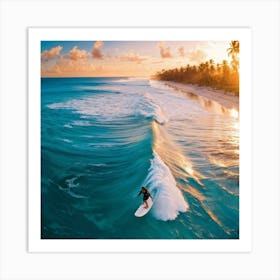 Aerial Photography Capturing A Surfer Amidst Azure Waves Tropical Beach In The Background Palm Tre (4) Art Print