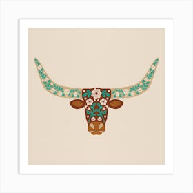 Floral Longhorn   Brown And Turquoise Square Art Print