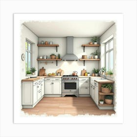 Inviting Watercolor Kitchen, Modern Charm With Soft Hues 1 Art Print