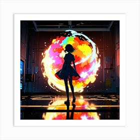 Anime Girl Standing In Front Of A Colorful Ball Art Print