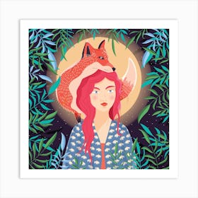 Girl And Her Fox In Moonlight Square Art Print
