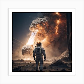 Astronaut Standing In Front Of An Explosion Art Print