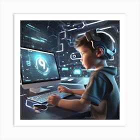 Boy Using A Computer 1 Art Print