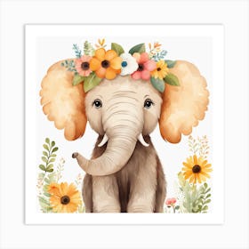 Floral Baby Mammoth Nursery Illustration (29) Art Print