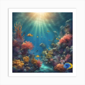 "Underwater Serenity" - tranquil underwater scene with colorful coral reefs, fish, and rays of sunlight. 1 Art Print