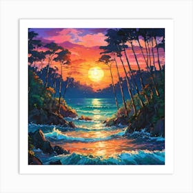 Vibrant Sunset Over a Secluded Beach Surrounded by Forest Art Print