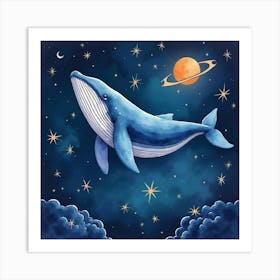 Watercolor Space Whales Swimming Gracefully Through The Starry Cosmos 1 Art Print