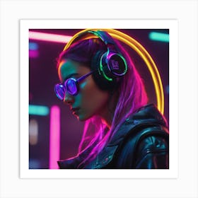 Neon Girl With Headphones Art Print