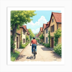 Road Bike In A Charming European Village Watercolor Scene 1 Art Print