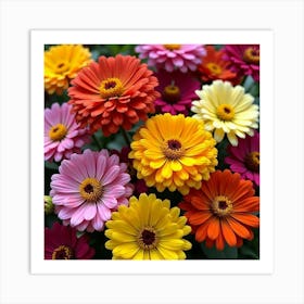 A Vibrant Collection Of Blooming Zinnias In Bright, Cheerful Colors Art Print