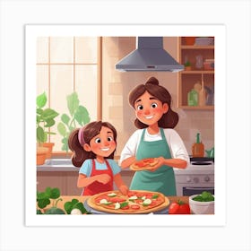 Mother And Daughter Making Pizza In The Kitchen Art Print