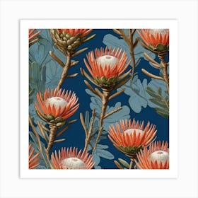 Default Coral Proteas Painted On Blue Art 1 Art Print