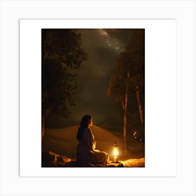 Woman With A Lantern In The Desert Art Print