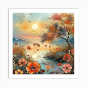 Sunset With Flowers 1 Art Print