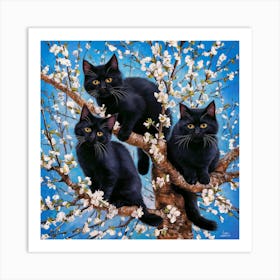 Black Cats In Blossom Tree Art Print