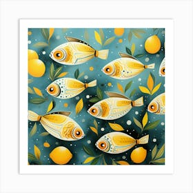 Yellow Fish On Blue Background Art Print