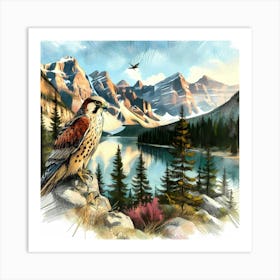 Falcon on a Rock by a Mountain Lake in Color Drawing - Wild Bird Artwork 161 Art Print