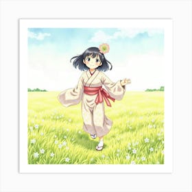 A Young Japanese Girl In A Kimono Running Through A Field Of Wildflowers, Smiling, Watercolor Art Print