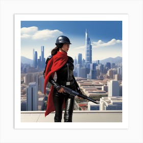 The Image Depicts A Woman In A Black Suit And Helmet Isstanding In Front Of A Large, Modern Cityscape Art Print
