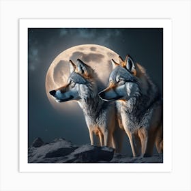 Two Wolves In The Moonlight Art Print