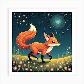 A Whimsical Fox With A Tail Of Swirling Star Patterns Prowling Through A Cosmic Meadow Art Print