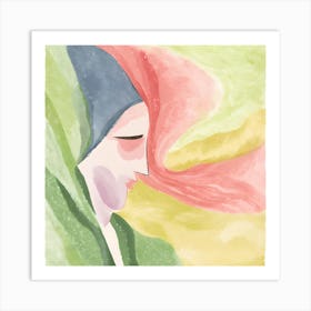 Abstract watercolor painting of a womans face with green and pink hues. Art Print