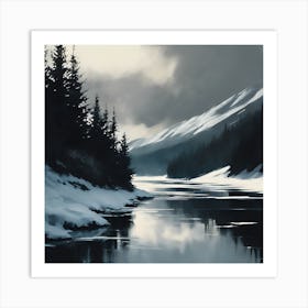 A Scottish Winter Landscape, Fir Trees on the Loch Art Print