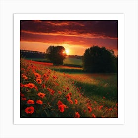 Sunset Over A Field Of Flowers 1 Art Print