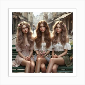 Three Girls Sitting On A Bench Art Print