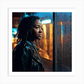 Firefly Street Photography, Beautiful Woman, Bus Shelter, Pensive, Evening, Wet, Rain, Glass, Neon L (10) Art Print