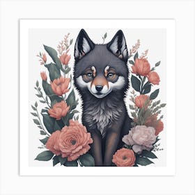 Cute Floral Wolf (3) Art Print