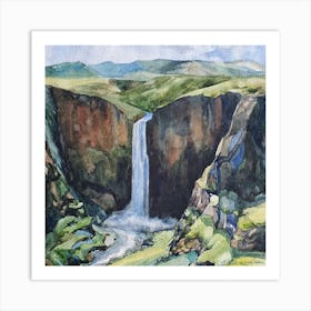 Watercolor Landscape Waterfall Square Art Print