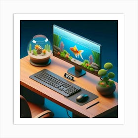Computer Desk With Fish Aquarium Art Print