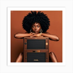 A Studio Portrait Featuring A Woman With Dark Skin And An Afro Hairstyle, Seated Atop A Large Wooden Art Print