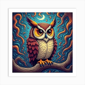 An Owl With A Background Of Swirling, Psychedelic Patterns Art Print