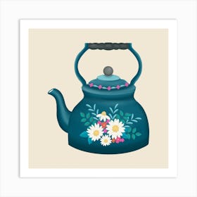 Cottagecore Floral Kettle In Teal Square Art Print